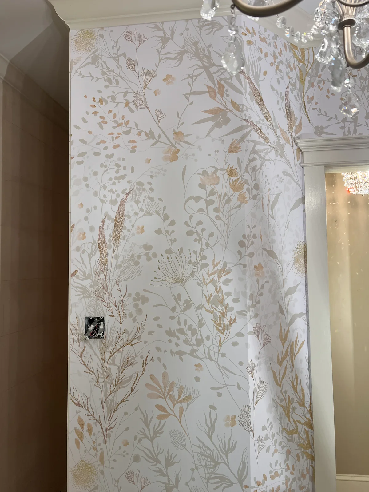 Pale botanical bathroom wallpaper beside a mirror with switch plate not yet fitted
