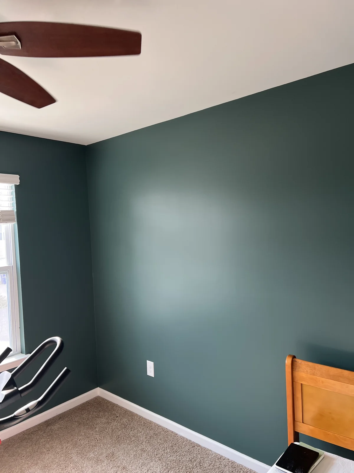 Deep green room corner with white ceiling and baseboards